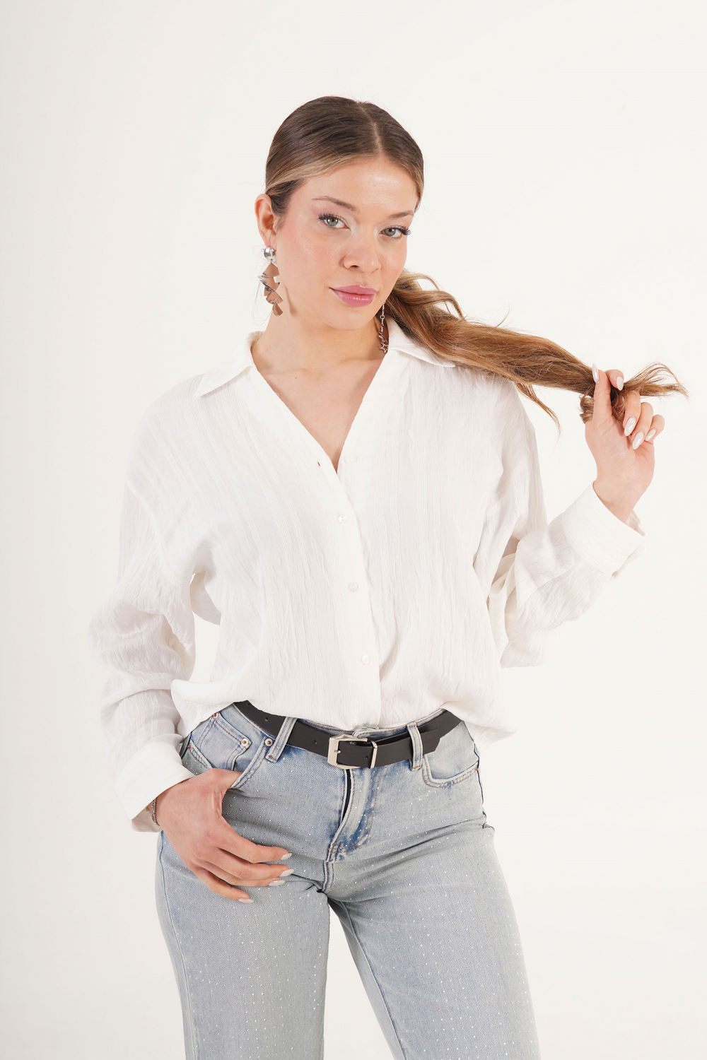 V Yaka Drapeli Beyaz Toptan Gömlek Beyaz S