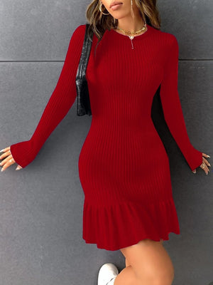 Rochie mini tricotată (polienită), cu guler rotund și mânecă lungă, tiv cu volane, 31923