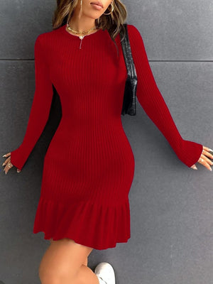 Rochie mini tricotată (polienită), cu guler rotund și mânecă lungă, tiv cu volane, 31923