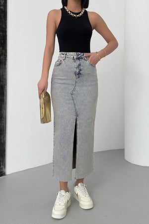 Uzun Kot Etek - Orta Mavi Kar Yıkama Tintli - (XS-XL) - 2