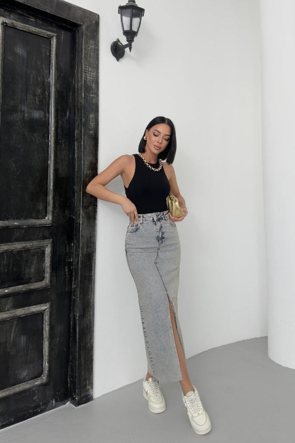 Uzun Kot Etek - Orta Mavi Kar Yıkama Tintli - (XS-XL) - 5