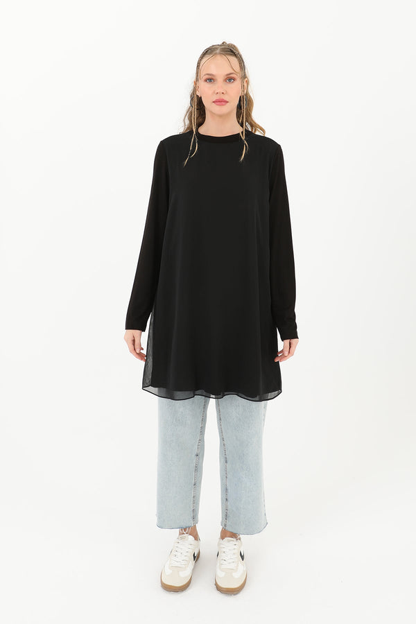 Kadın Balıkçı Yaka Tül Detaylı Bluz - 10269TUN - BLACK
