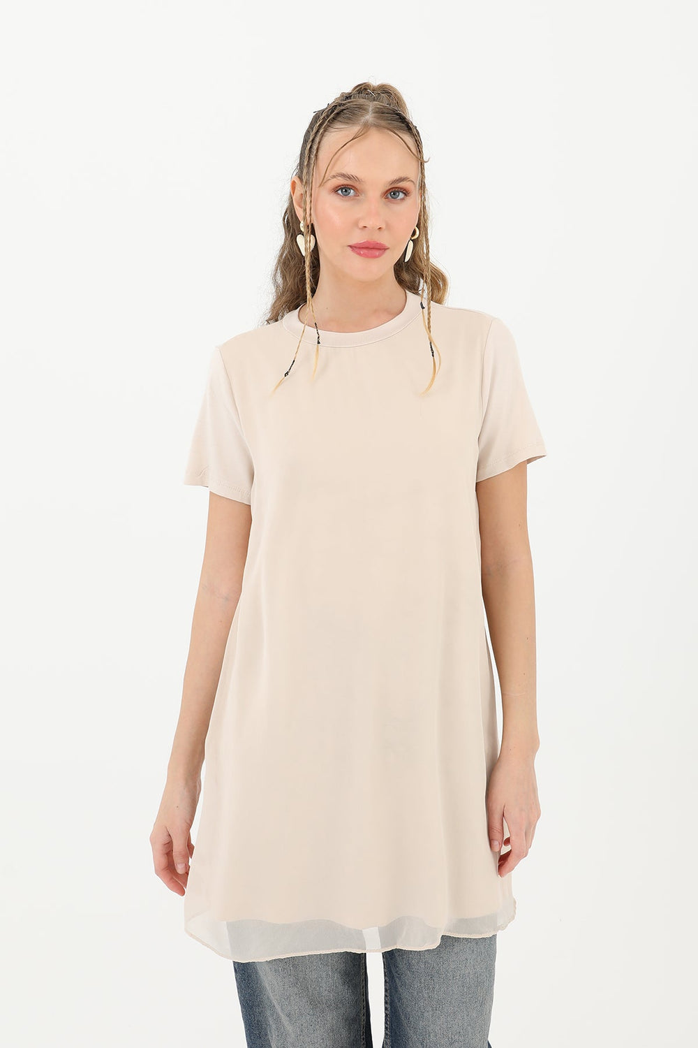 Kadın Basic Uzun T-Shirt -10271TUN - BEIGE