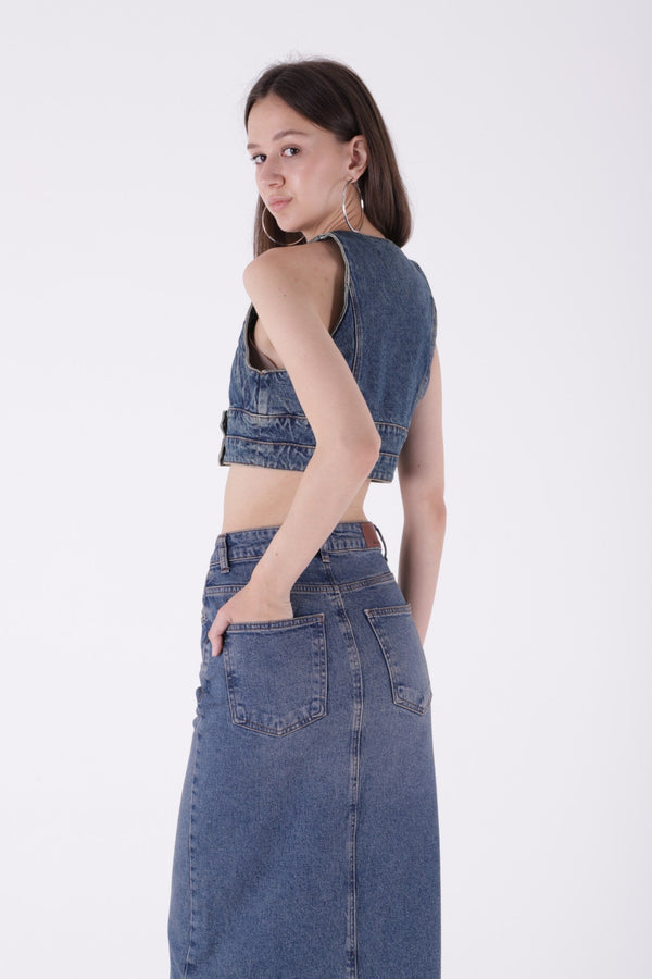 Uzun Boy Kot Etek - Koyu Mavi Kar Yıkama Tintli - (XS-XL-5) - 5