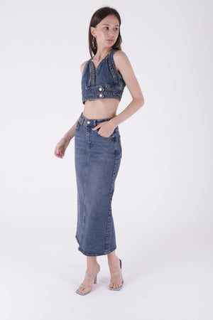 Uzun Boy Kot Etek Koyu Mavi Kar Yıkama Tintli