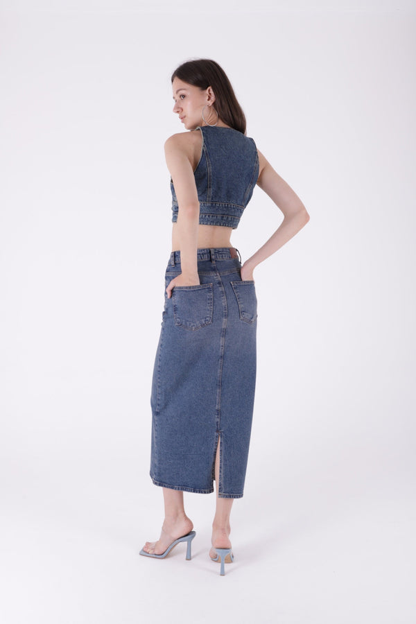 Uzun Boy Kot Etek - Koyu Mavi Kar Yıkama Tintli - (XS-XL) - 3