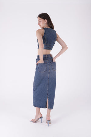 Uzun Boy Kot Etek - Koyu Mavi Kar Yıkama Tintli - (XS-XL) - 3