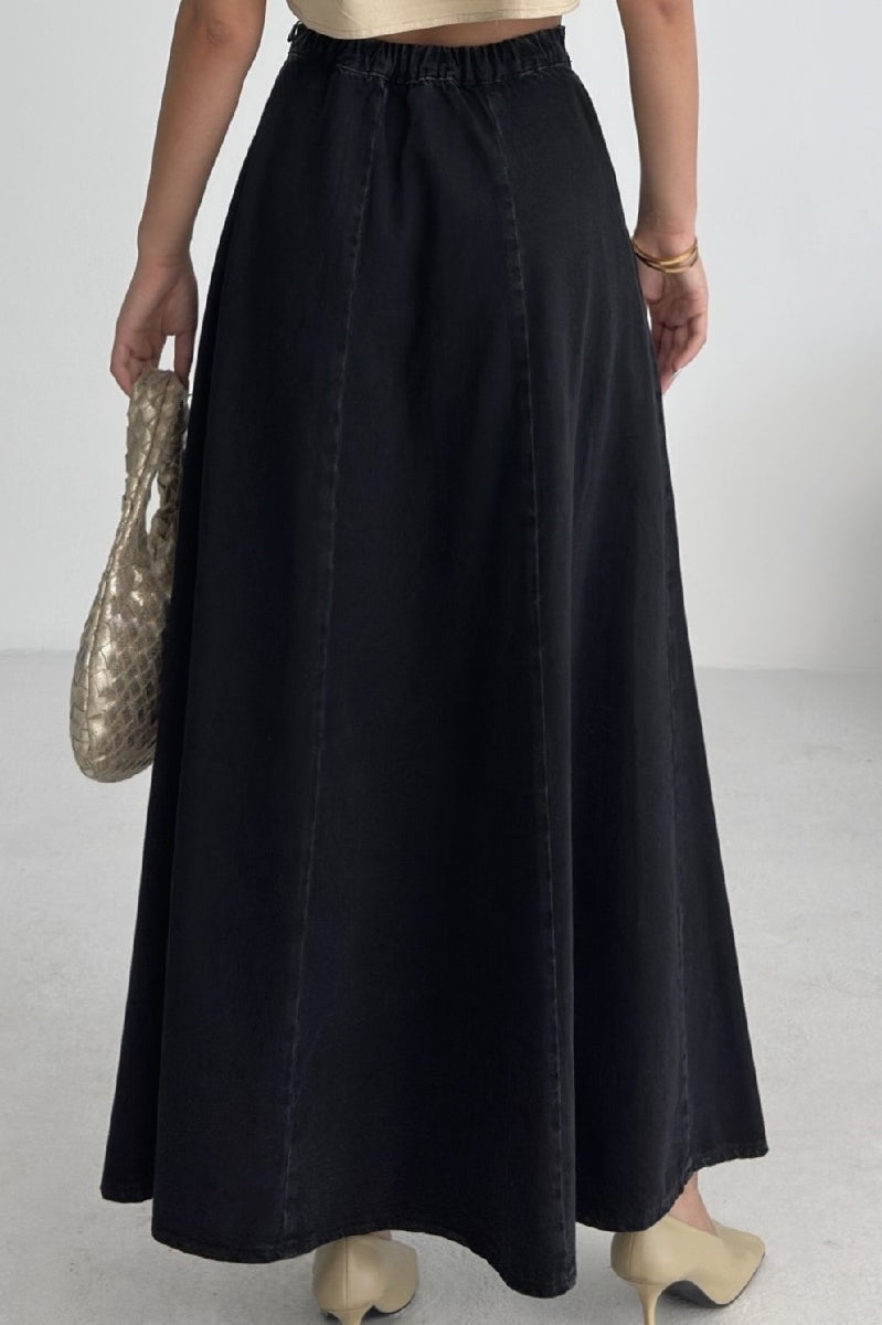 Beli Lastikli Volanlı Uzun Etek Düz Antrasit