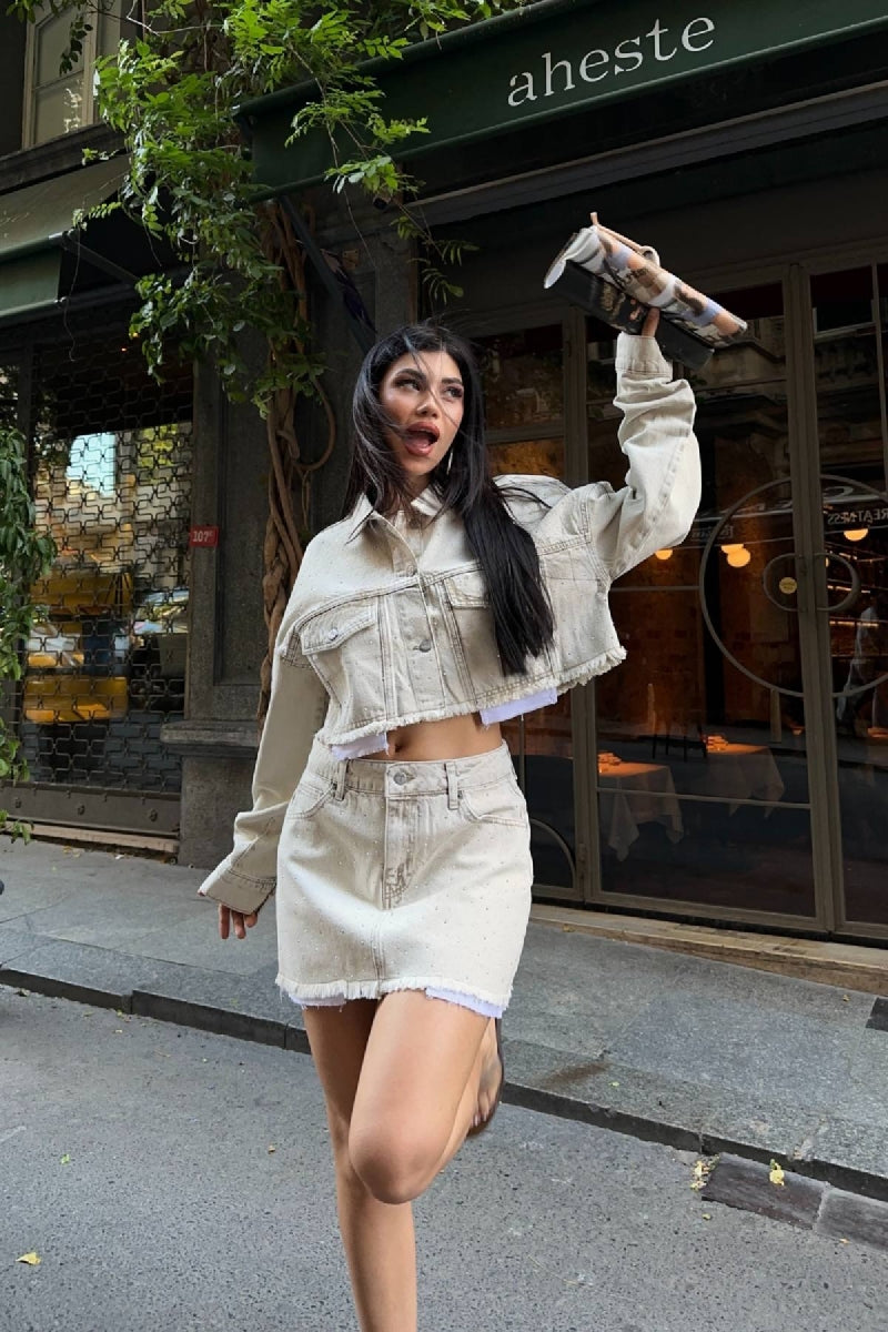 Taşlı Mini Kot Etek Açık Kahve