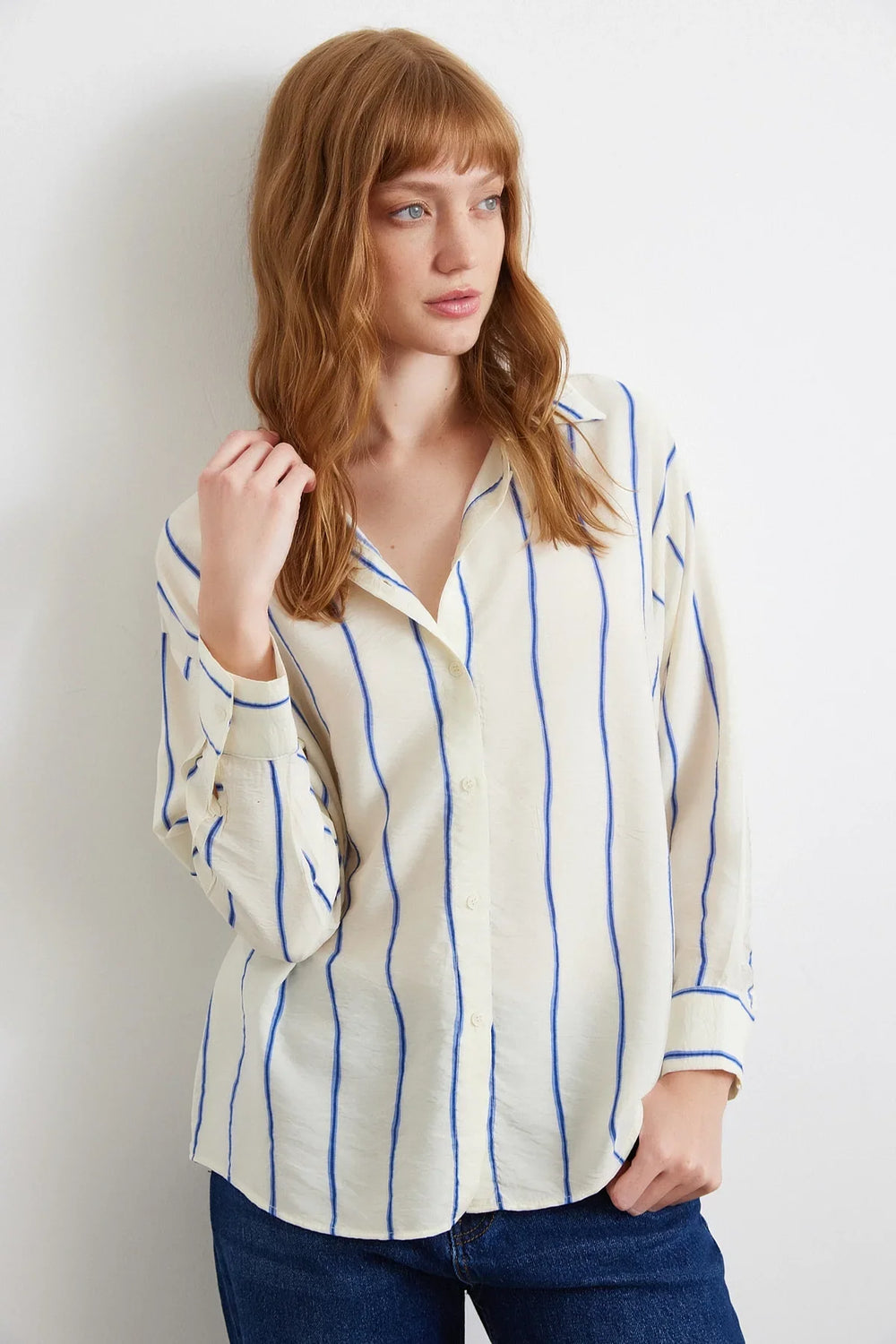Çizgili Modal Gömlek - Saks - Saks - L