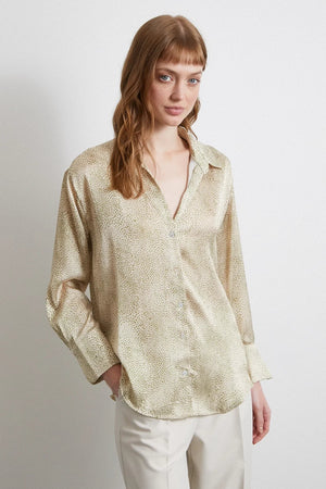 V Yaka Desenli Saten Gömlek - Yeşil - Yeşil - L