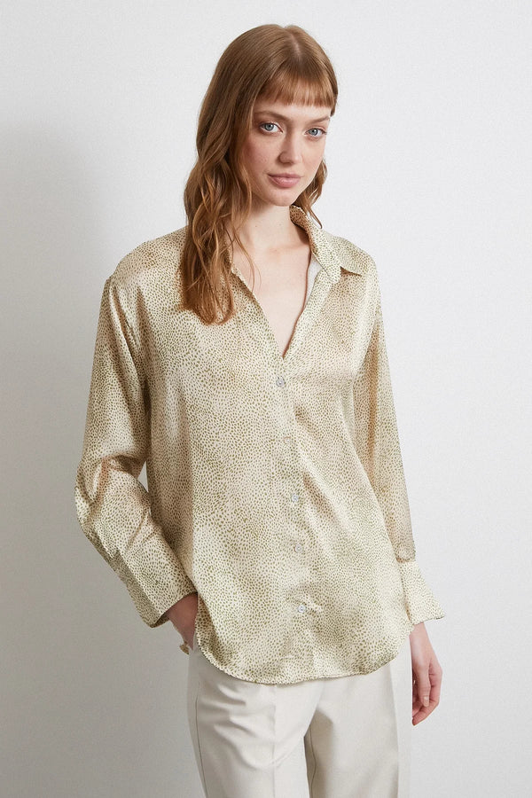 V Yaka Desenli Saten Gömlek - Yeşil - Yeşil - L