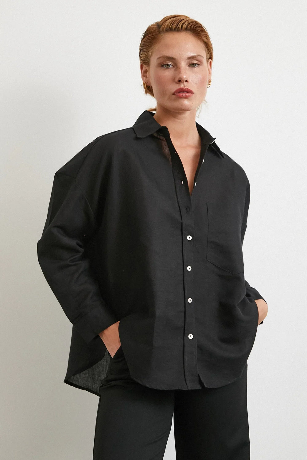 Cepli Oversize Keten Gömlek - Siyah - Siyah - L