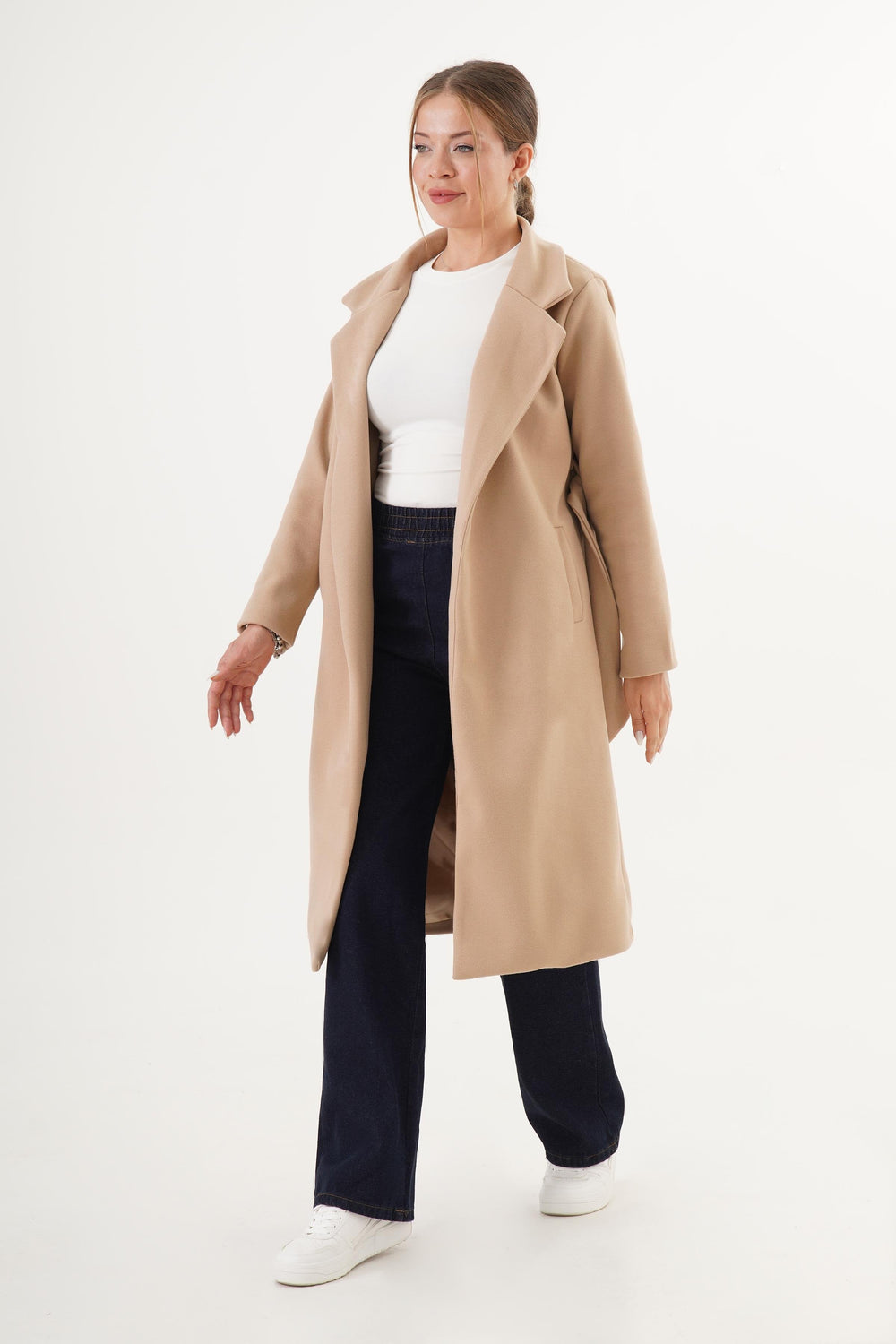 Beli Kuşaklı Astarlı Toptan Camel Kaşe Kaban Camel S