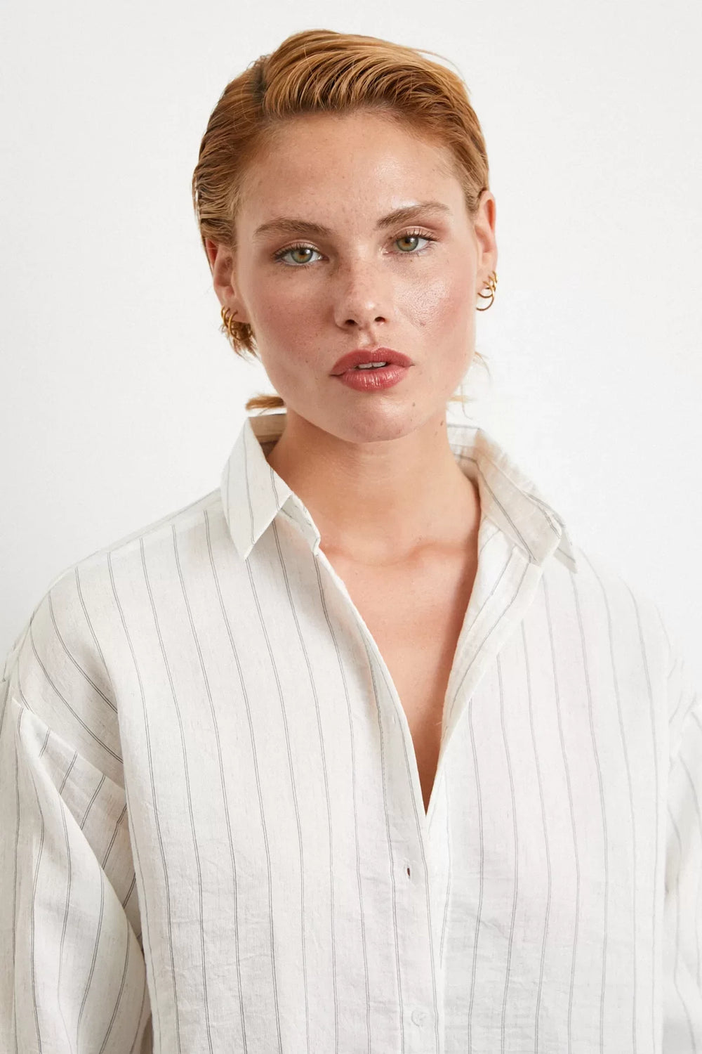 Pamuklu Çizgili Gömlek - Beyaz - Beyaz - L