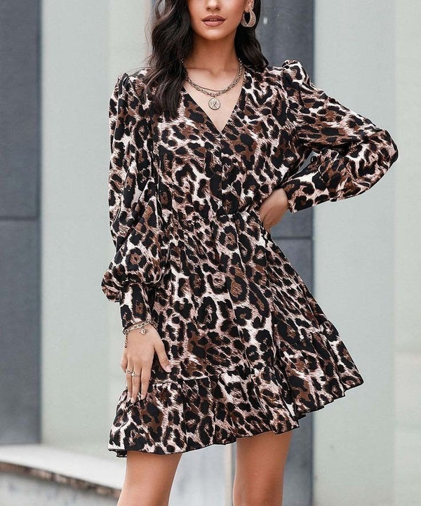 Rochie de damă din crep cu imprimeu leopard, cu mânecă lungă, talie elastică, tiv cu volane, 27734