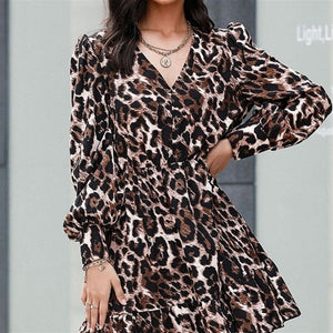 Rochie de damă din crep cu imprimeu leopard, cu mânecă lungă, talie elastică, tiv cu volane, 27734