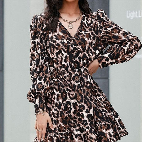 Rochie de damă din crep cu imprimeu leopard, cu mânecă lungă, talie elastică, tiv cu volane, 27734