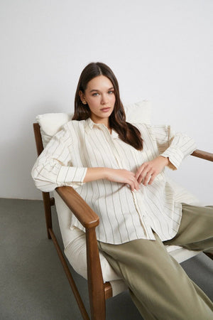 Kontrast Çizgili Modal Gömlek - Haki - Haki - L