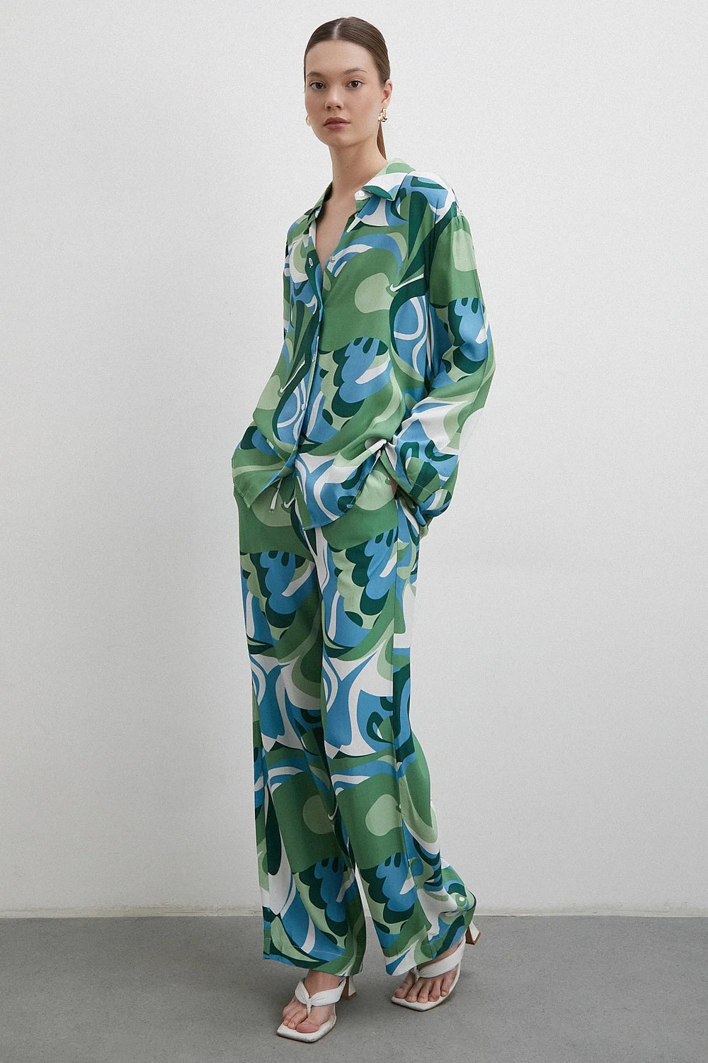 Beli Lastikli Desenli Pantolon - Yeşil - Yeşil - L