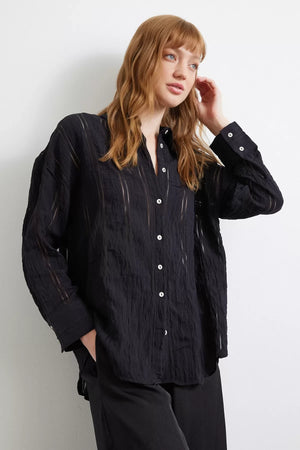 Organze Çizgili Gömlek - Siyah - Siyah - L