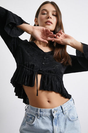 V Yaka Fırfırlı Bluz - Siyah - Siyah - L