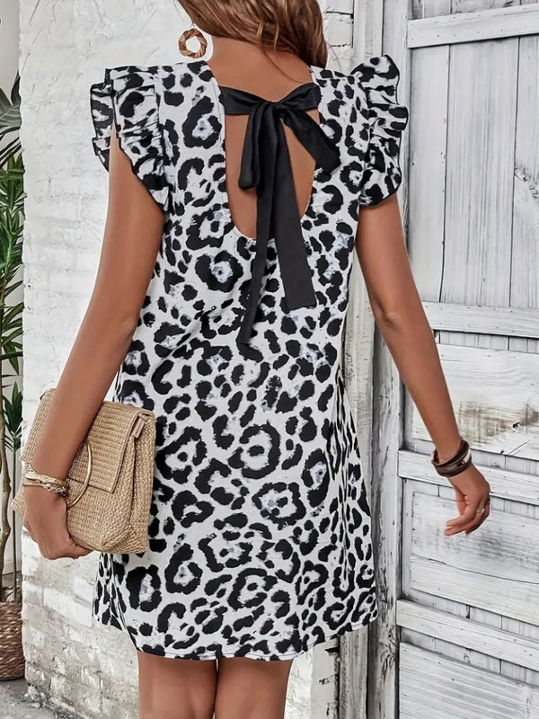 Rochie mini micro fără mâneci, cu mâneci scurte, cu volane, cu legături la spate, cu imprimeu leopard, 26133
