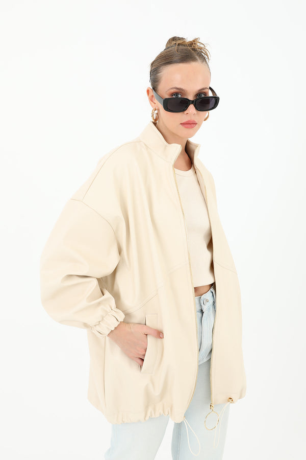 Deri Önden Fermuarlı Mont - 15120MNT - BEIGE