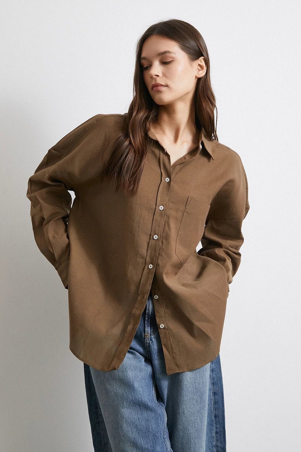 Cepli Oversize Keten Gömlek - Kahve - Kahve - L