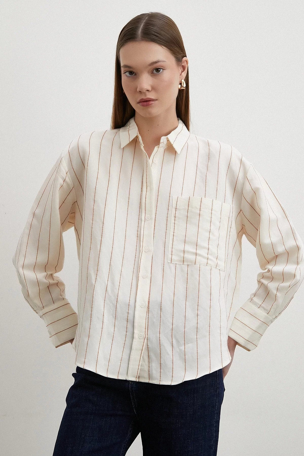 Kontrast Çizgili Modal Gömlek - Kahve - Kahve - L