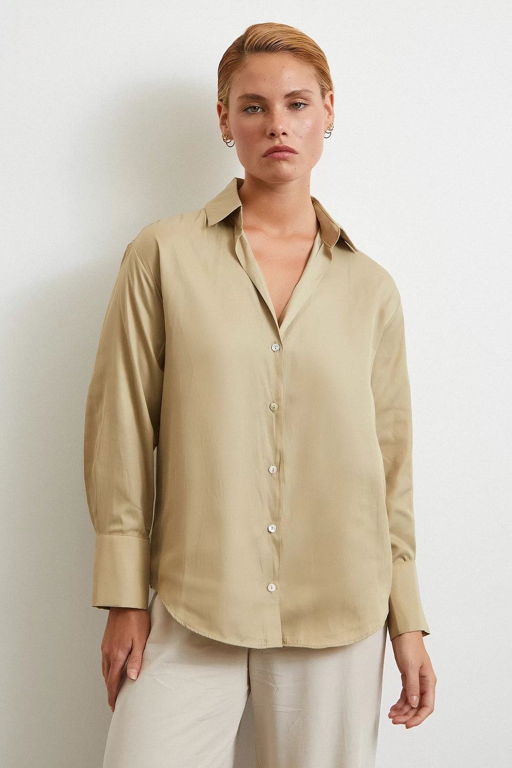 Diagonal Desen Gömlek - Bej - Bej - L