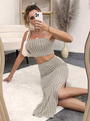 Kadın Kolsuz Askılı Crop Yırtmaçlı Midi Etek Fitilli Kaşkorse Takım, 25437