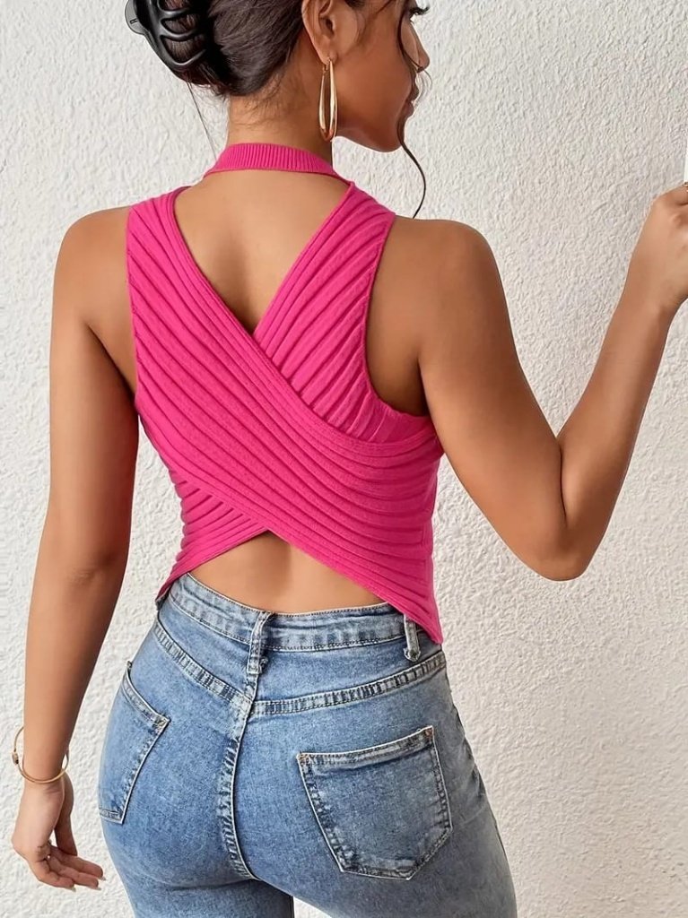 Kadın Sıfır Kol Sırt çapraz Detay Triko Bluz, 26938