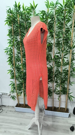 Rochie midi tricotată, fără mâneci, cu decolteu în V și crăpătură laterală adâncă, pentru femei, 26387