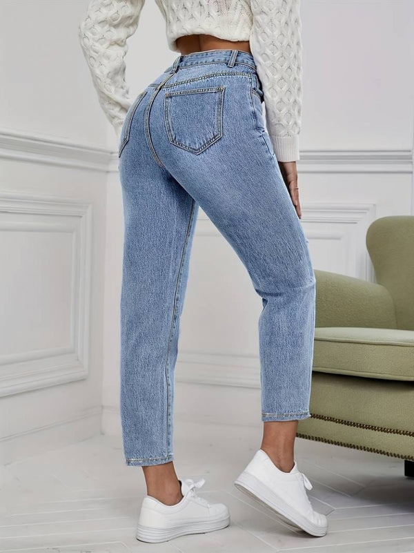 Kadın Açık Mavi Yırtık Mom Fit Kot Pantolon , 29313