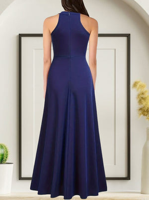 Kadın Kolsuz Halter Yaka Derin Yırtmaç Detaylı Tam Boy Ithal Krep Elbise, 31258