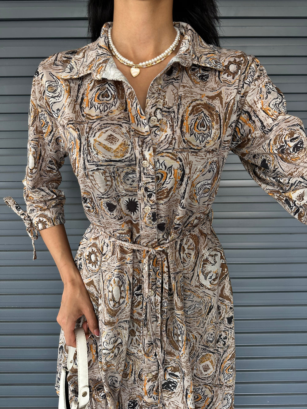 Şal Desen Gömlek Yaka Bağcık Detaylı Düğmeli Elbise