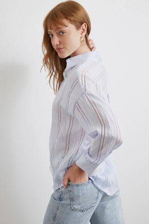 Organze Çizgili Gömlek - Mavi - Mavi - L