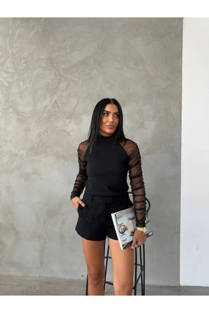 Kolları Tül Detaylı Ottoman Kumaş Bluz