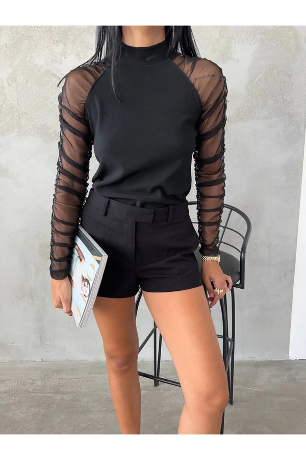 Kolları Tül Detaylı Ottoman Kumaş Bluz