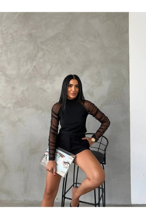 Kolları Tül Detaylı Ottoman Kumaş Bluz