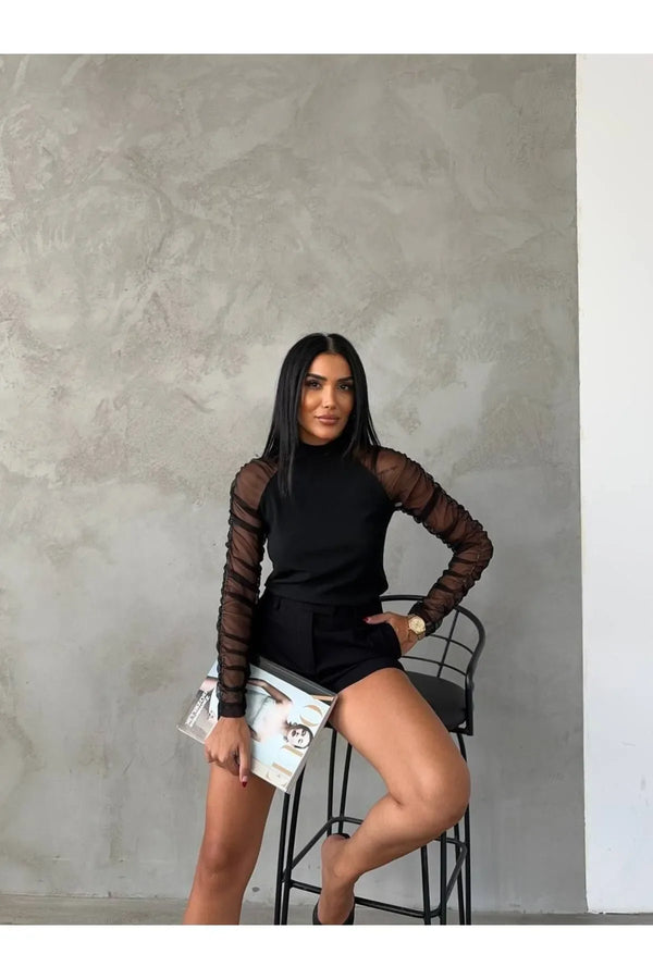 Kolları Tül Detaylı Ottoman Kumaş Bluz