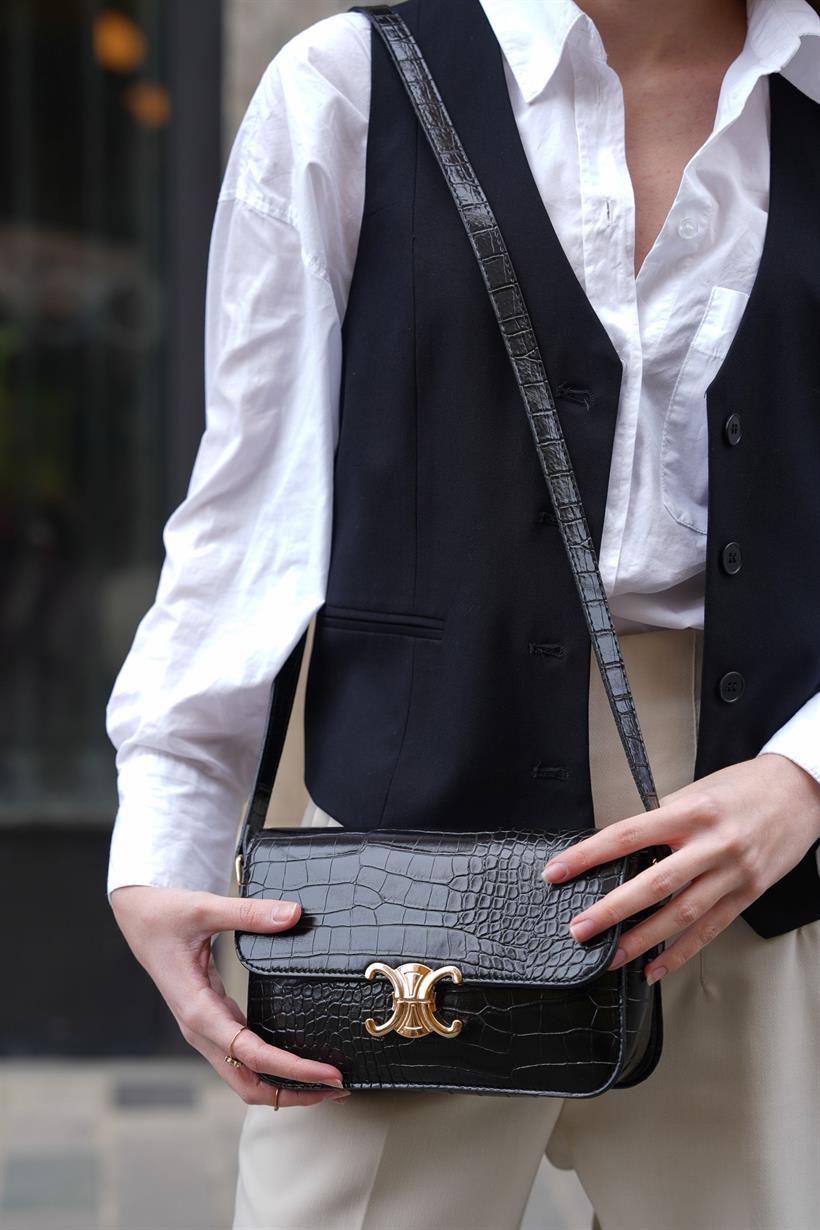 Cindy Aksesuarlı Kapaklı Uzun Ayarlanabilir Askılı trend Kadın Omuz çantası - Siyah Kroko