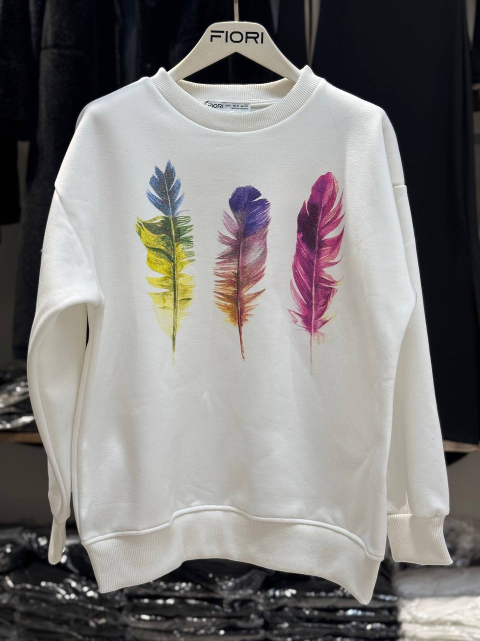 Renkli Tüy Baskılı Bisiklet Yaka 3 İplik Şardonlu Sweatshirt