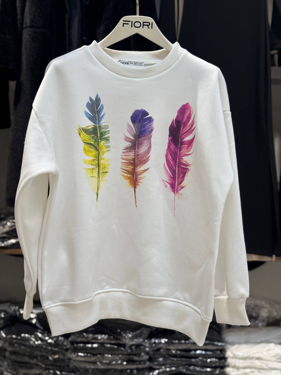 Renkli Tüy Baskılı Bisiklet Yaka 3 İplik Şardonlu Sweatshirt