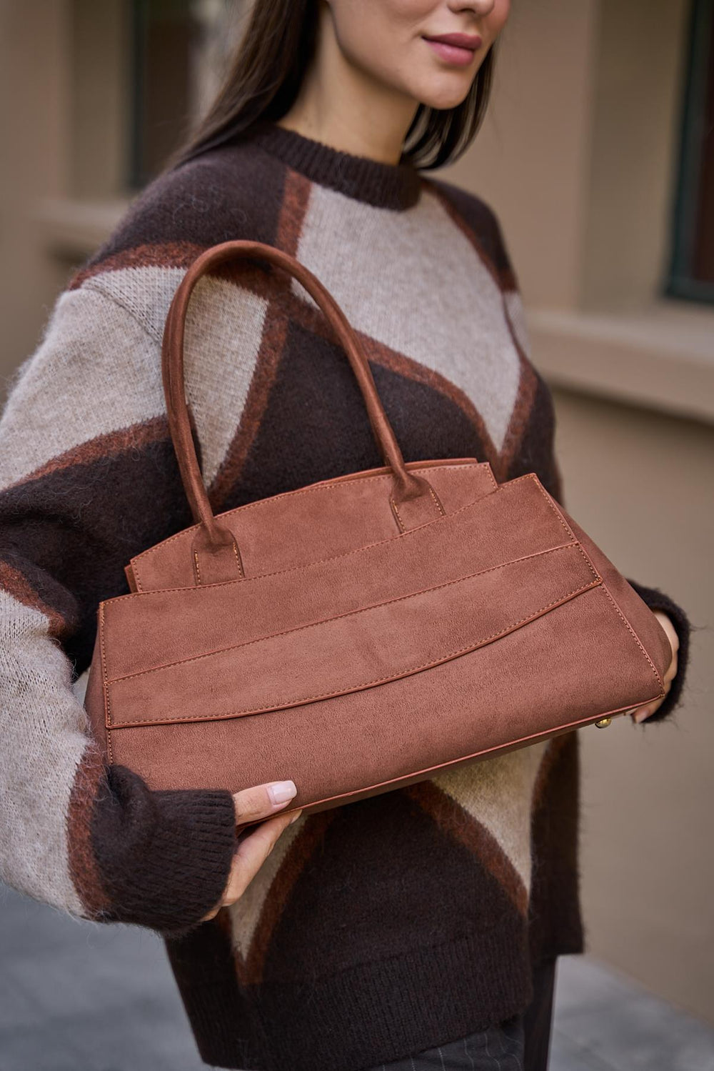 Dikiş Detaylı Süet El Ve Omuz Çantası