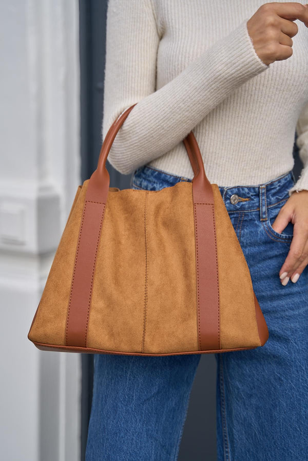 Şerit Deri Detaylı Süet El Ve Omuz Çantası