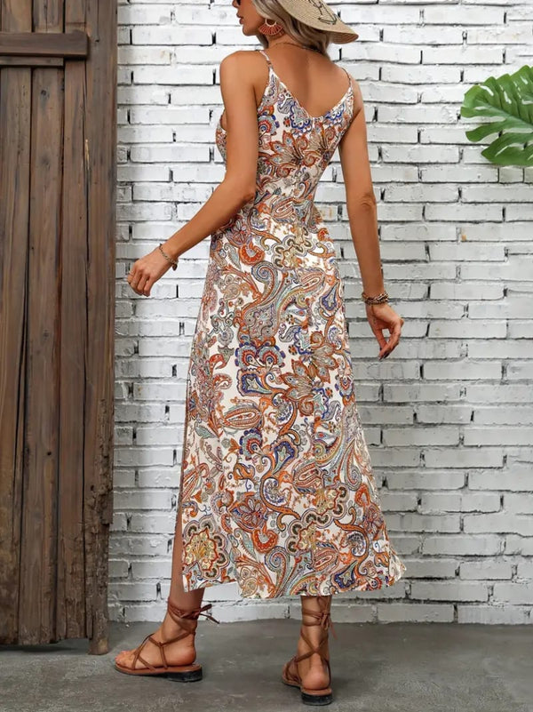 Rochie lungă Supreme pentru femei, cu bretele, decolteu în V și imprimeu, crăpături, 33932