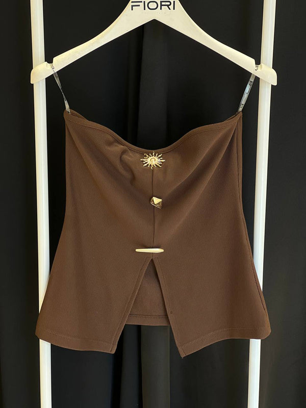 Drapeli Güneş Aksesuarlı Straplez Bluz