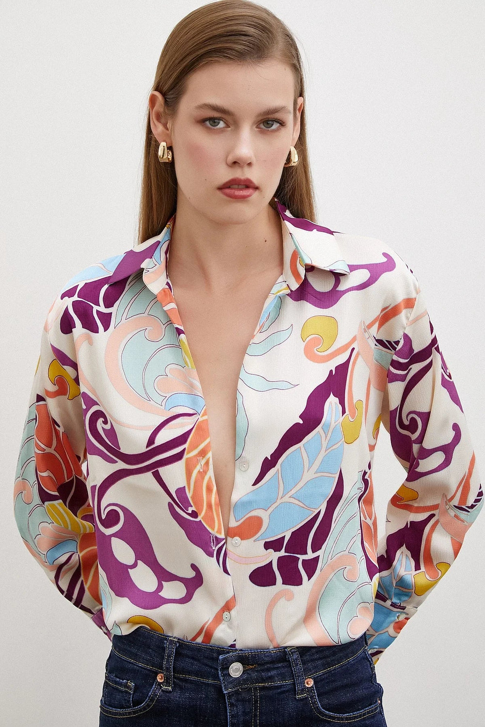 İpek Desen Gömlek - Mor - Mor - L